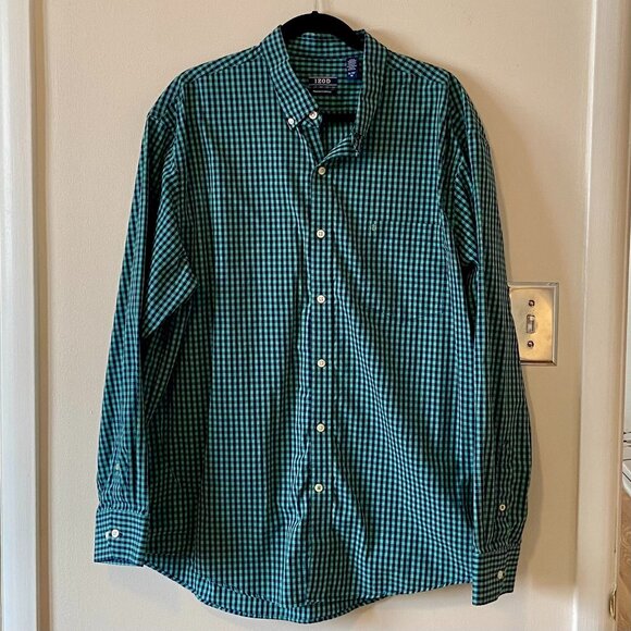 Izod Men's XL Classic Fit Shirt Long sleeve Button down Blue Green Check Cotton - Picture 1 of 7